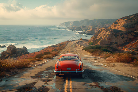 海边的红色跑车背景图片