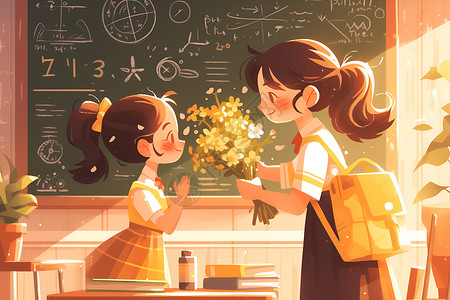 老师花束黑板前的女孩拿着鲜花插画
