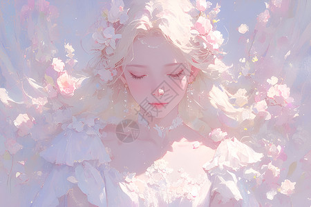 鲜花里女孩阳光里的白裙女神插画