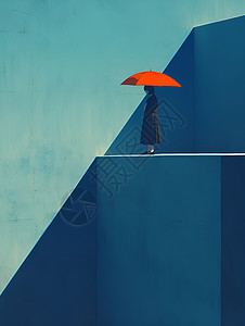 现代化背景墙橙伞下的女孩插画