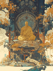 西藏信仰禅宗行者心境如画插画