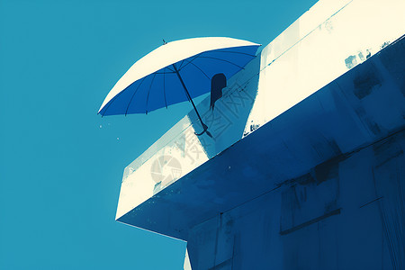 纯色蓝蓝伞下的简约构图插画