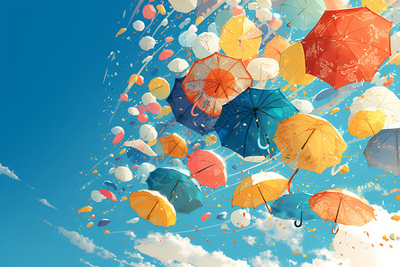 颜色叠加绚丽色彩的伞飞向天空插画