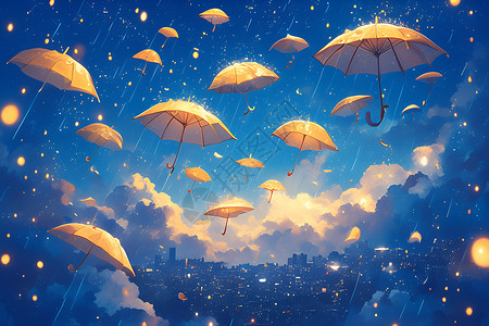 八角星漂浮特效星空下飘动的雨伞插画