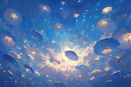 八角星漂浮特效星空下飘动的伞之迷人画面插画