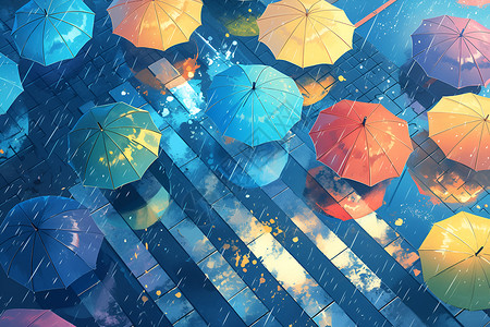 街上的行人雨夜彩色浮空伞插画