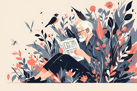 老年读书老爷爷在草地上阅读报纸插画