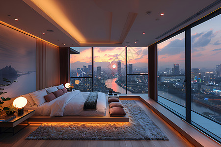 落地窗城市浪漫城市夜景下的卧室背景