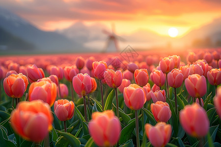 风车建筑图片粉色的郁金香花海背景