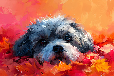 斗栱躺在秋叶上的狗狗插画