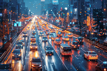 车辆自动识别夜晚城市的交通插画