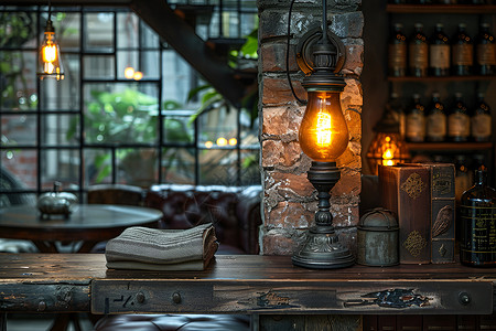 窗边咖啡桌咖啡厅的复古灯背景