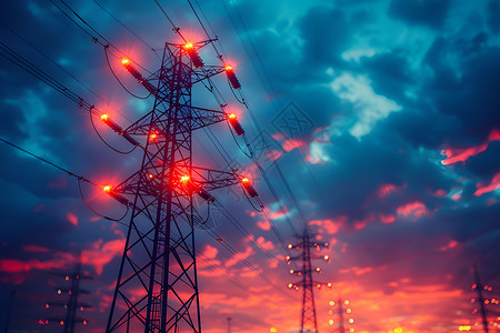 红灯茏夕阳下的高压电力背景