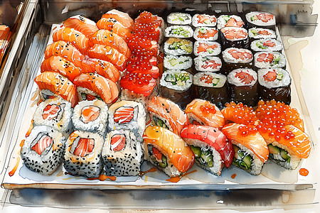 自助海鲜摆满各种寿司的自助餐桌插画