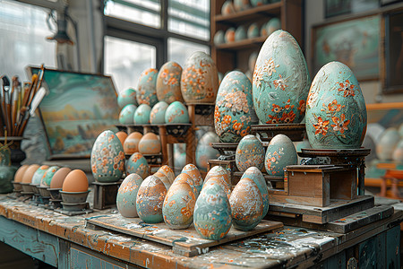 木艺术品木架上的彩蛋背景
