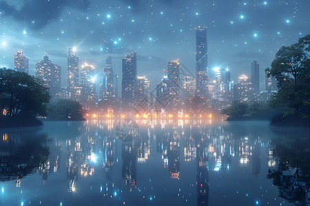 大连城市夜景星空背景下的城市夜景插画