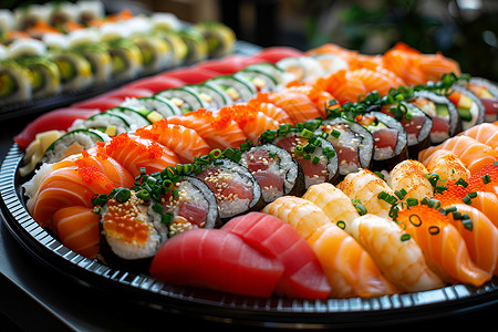 健康寿司美味的寿司盘背景