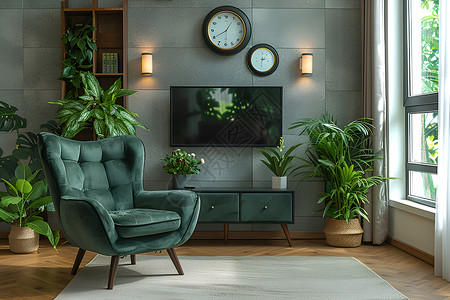 绿植室内房屋内的沙发和电视背景