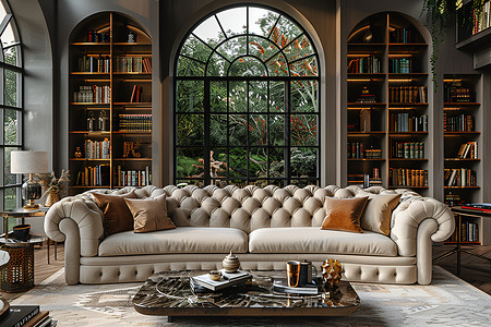 客厅舒适住宅内的沙发和书架设计图片