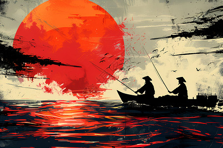 捕捞夕阳下渔民和船只插画
