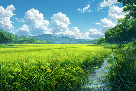 稻草人小满作物稻田里的河流插画