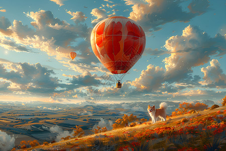 小狗在山坡上追逐热气球高清图片