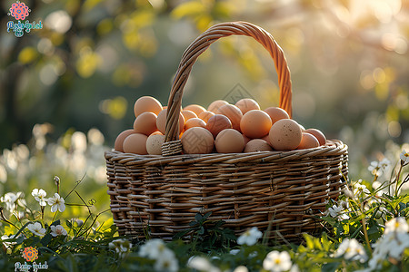 草地上一篮鸡蛋背景图片