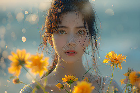 花束花朵向日葵花束间的女人背景