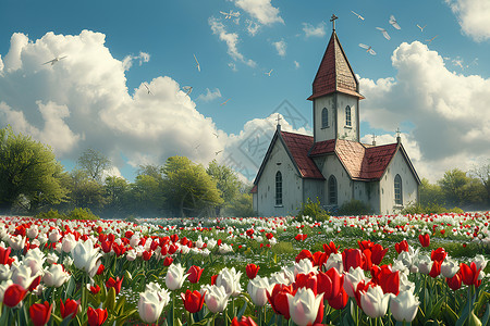 郁金香花卉郁金香花海中的教堂背景