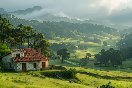 小树栅栏石墙土屋前的风景背景