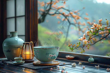 瓷器窗边的茶具背景