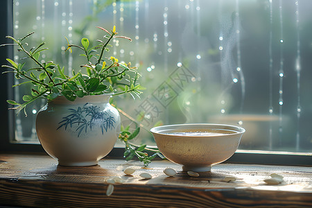 陶瓷品窗边的陶瓷茶具背景