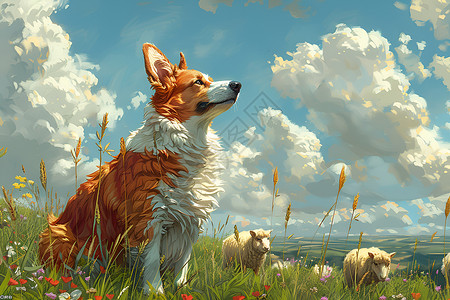 归来的羊群草地上的牧羊犬插画
