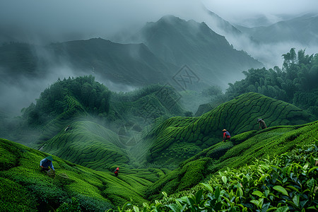 山脉上的茶园背景图片