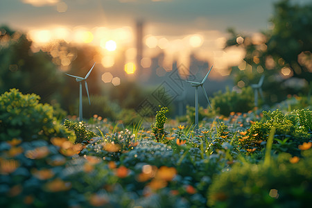 再生能源花田中的风车背景