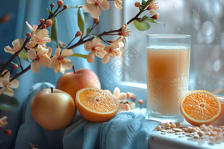 红果花枝和月花枝下的橙汁和水果背景