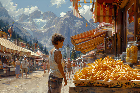 薯条摊位前的男孩背景图片