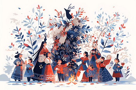 篝火人物围绕篝火翩翩起舞的人群插画