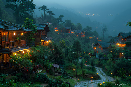 灯光夜景夜幕下的温馨村庄背景