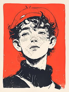 忧郁红色紫罗兰戴着贝雷帽的忧郁青年插画