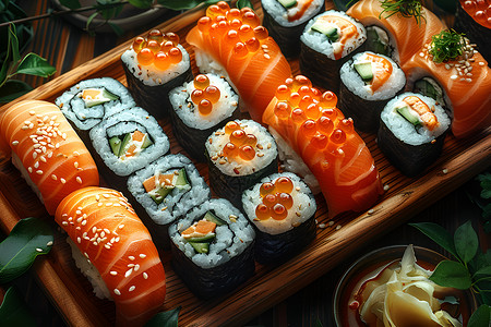 海鲜寿司盘子里的寿司背景