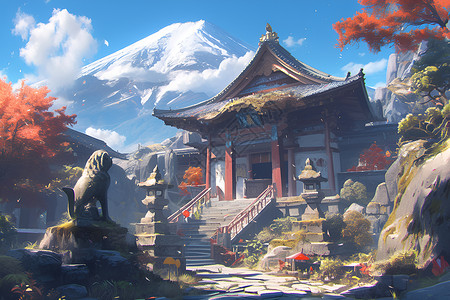 雪山下的寺庙背景图片