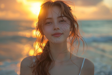 女孩躺着海滩夕阳下的美女背景