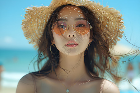 千纸鹤上女孩夏日沙滩上的美丽女子背景