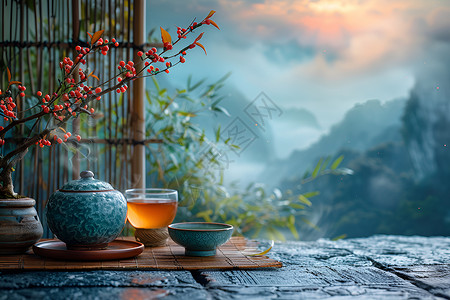 木兰花枝桌子上的茶背景