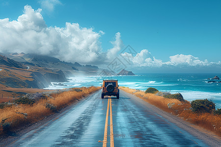 沿海公路沿着海岸风景形式的汽车插画