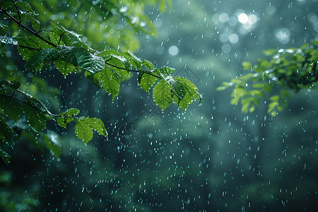 带叶子树枝雨中的树枝背景