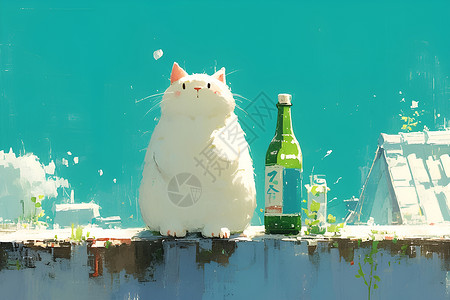 蹲便猫咪蹲在酒瓶旁边插画
