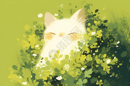 绿叶丛中一点黄绿叶丛中的白猫插画
