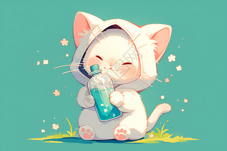 瓶子卡通可爱的白色猫咪插画